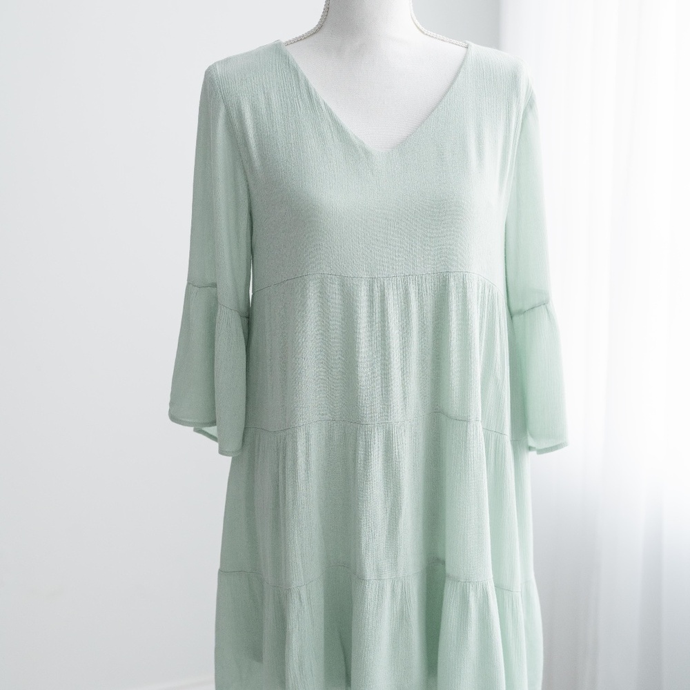 Altar'd State Women's Tiered Dress Mint Green Bell Sleeve V Neck